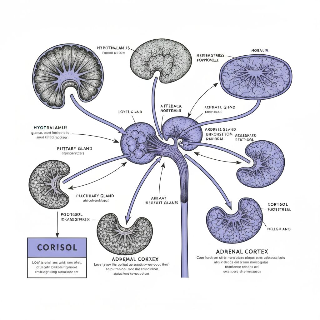 Scientific visualization showing cortisol and stress response hormonal pathways