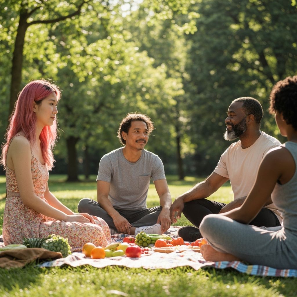 Diverse cultural group in peaceful outdoor setting with natural foods